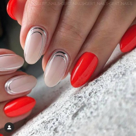 Beige manicure with red