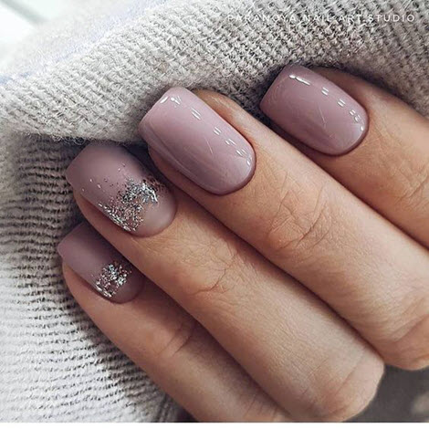 Nude manicure with gold and silver